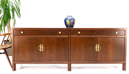 Long Walnut Mid-Century Modern Dresser Credenza w/ Brass Buckle Shape Pulls
