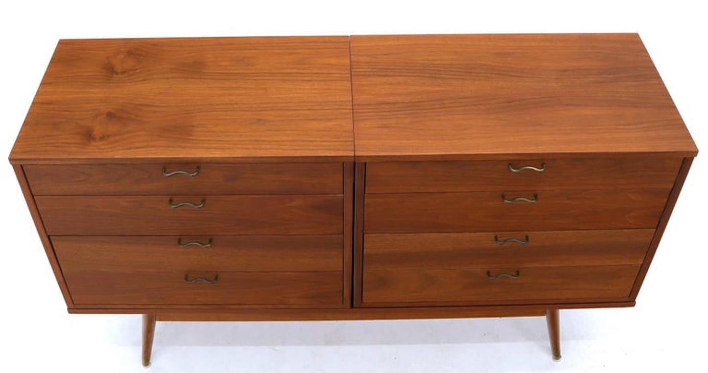Three Pcs Mid-Century Modern Oiled Walnut Chest Dresser Credenza w/ Waive Pulls