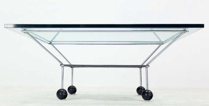 EstablishedLines Mid Century Modern Square Glass Top Coffee Table Atomic Round Ball Shape Legs