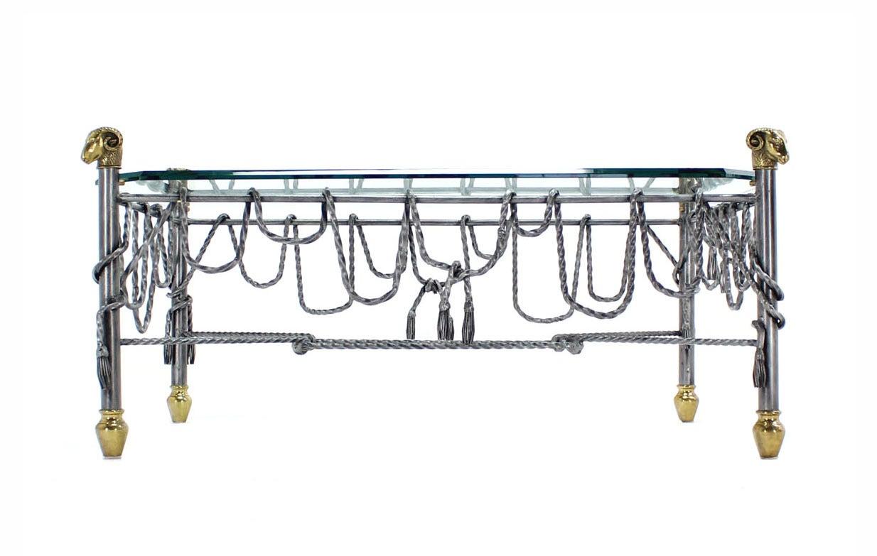EstablishedLines Ornate Wrought Iron Brass Ram Head Motive Glass Top Rectangle Coffee Table