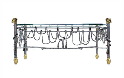 EstablishedLines Ornate Wrought Iron Brass Ram Head Motive Glass Top Rectangle Coffee Table