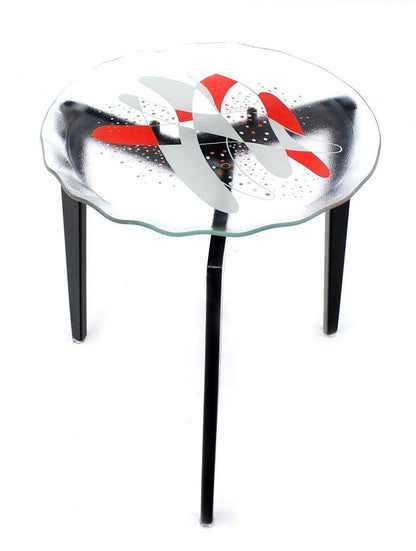 EstablishedLines Art Glass Scallop Edge Bowl Tray Top Tapered Leg Stackable Nesting Side Table