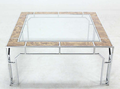 Mid Century Modern Chrome Glass Top Square Coffee Table w Burl Wood Inserts MINT