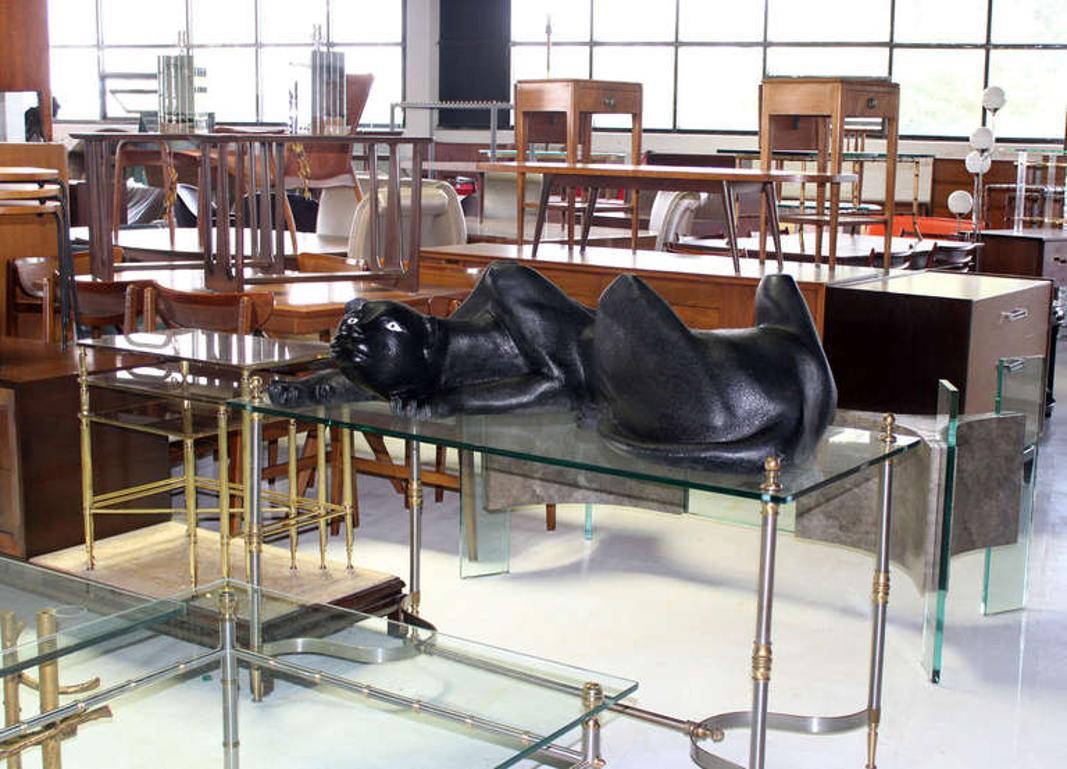 Large Coffee Table Sculptural Base of a Panther Large Black Cat Mid Century
