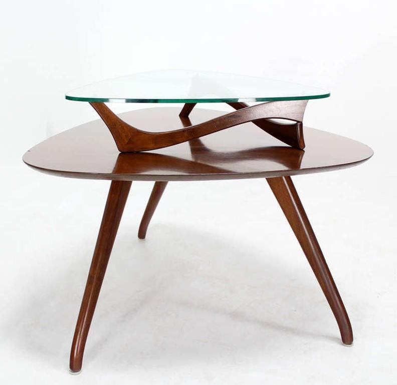 EstablishedLines Pair of Organic Shape Rounded Triangle End Tables with floating  Glass Tops MINT
