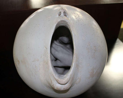 EstablishedLines Mid Century Modern Ball Shape Face Open Mouth Pottery Sculpture Signed Dated1972