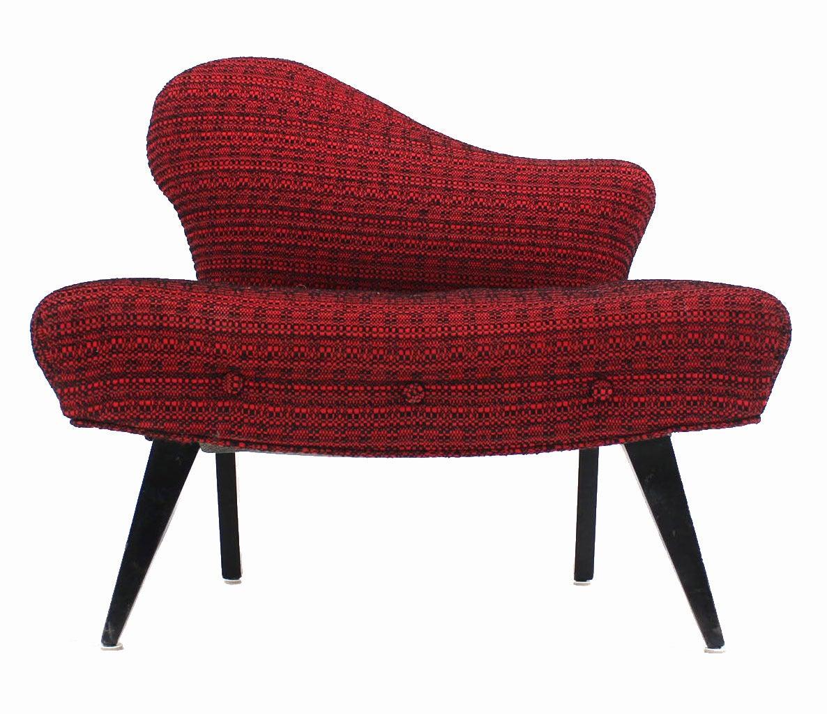 EstablishedLines Pair Red Upholstery Mid Century Modern Fireside Slipper Lounge Chairs Camel Back