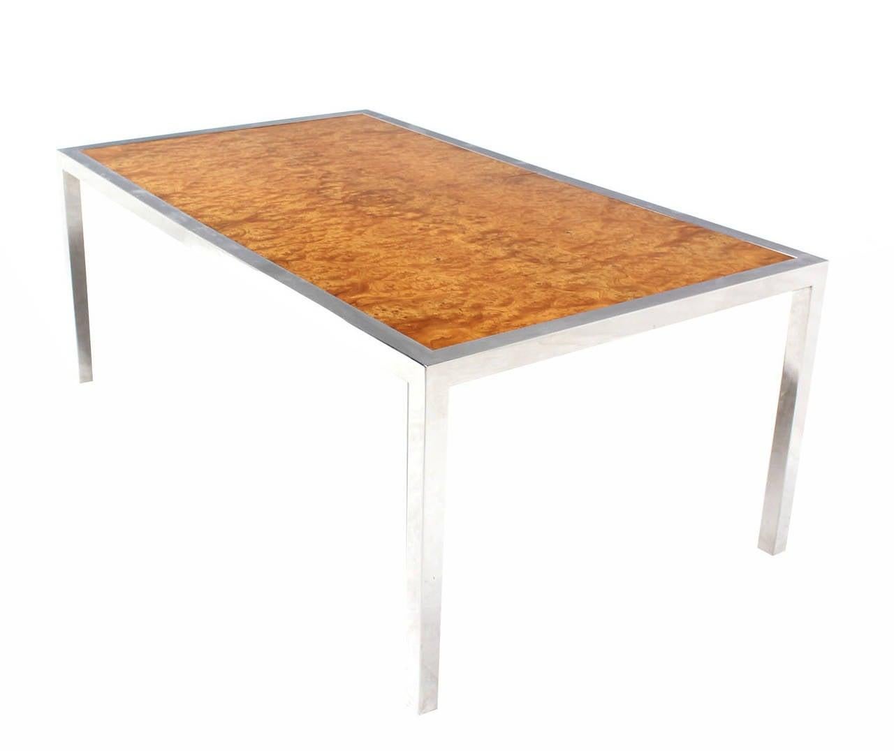 EstablishedLines Stainless Steel Chrome Base Amber Burl Wood Dining Conference Table Two Leaves