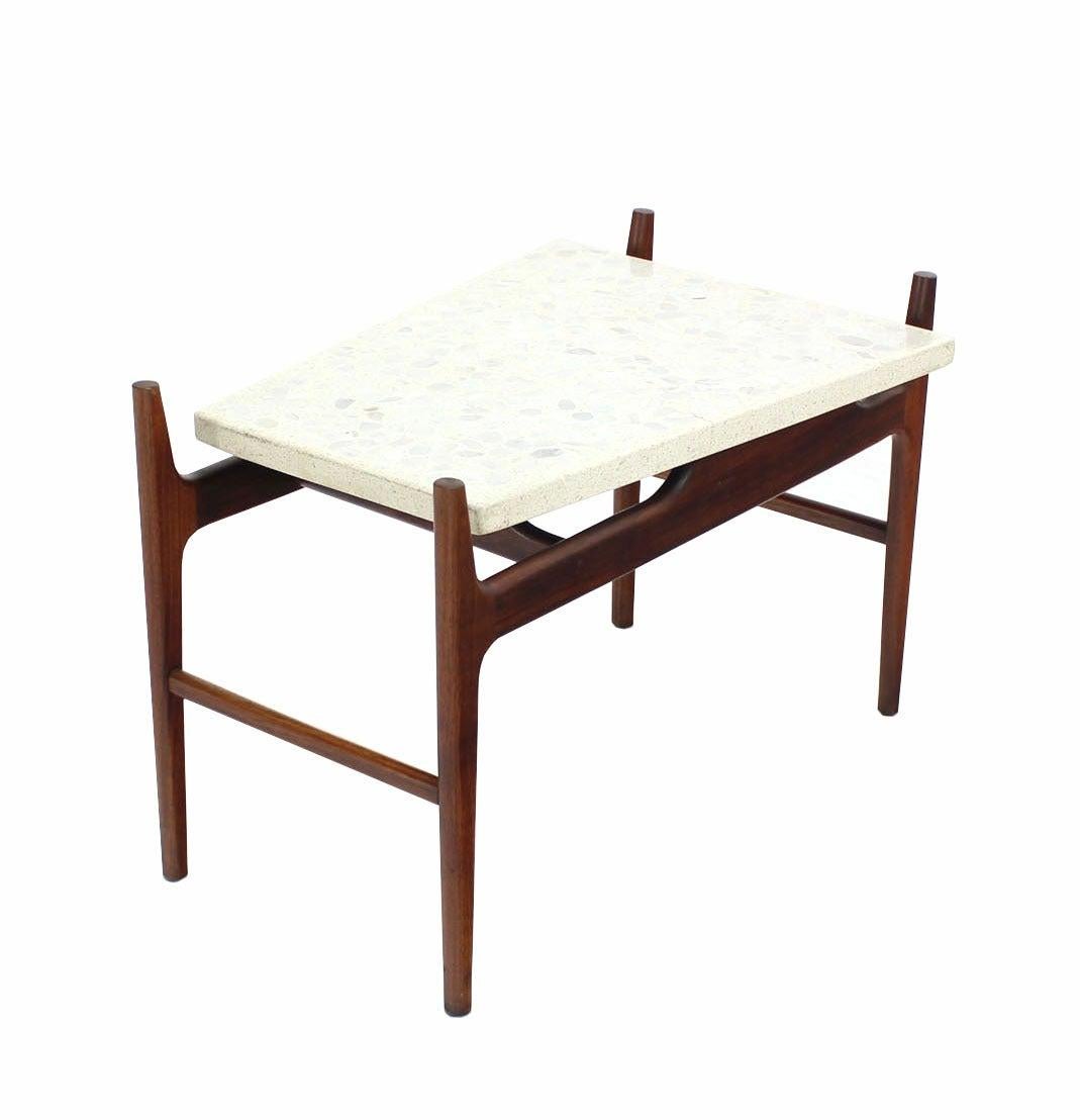 EstablishedLines Unusual Trapezoid Travertine Terrazzo Top Oiled Walnut Base End Side Table MINT