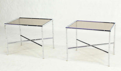 EstablishedLines Pair of Faux Bamboo X Shape Bases  Chrome and Smoked Glass End Tables MINT!