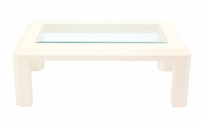 EstablishedLines Beige Lacquered Textured Grass Cloth Rafia Rectangular Glass Top Coffee Table