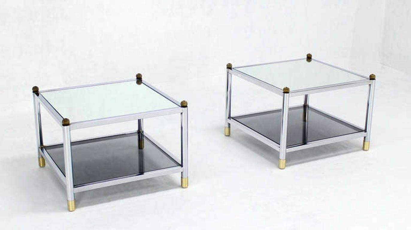 EstablishedLines Pair Square Chrome & Brass Smoked Glass Shelf Mirrored Top End Side Tables MINT!