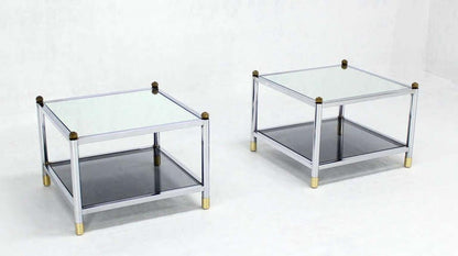 EstablishedLines Pair Square Chrome & Brass Smoked Glass Shelf Mirrored Top End Side Tables MINT!