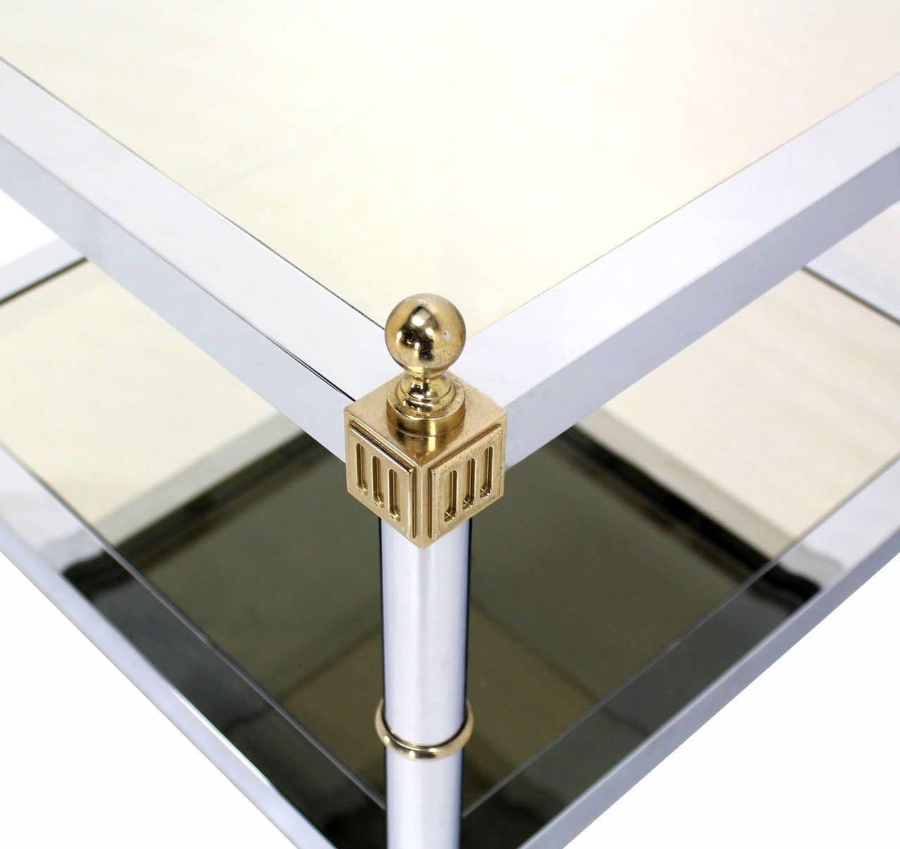EstablishedLines Pair of Chrome Brass and Smoked Glass Square End or Side Lamp Tables Stands Mint