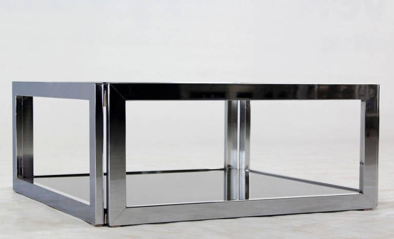EstablishedLines Sharp Square 2 Tier Modern Chrome Base Smoked Glass Coffee Table w/ Shelf MINT