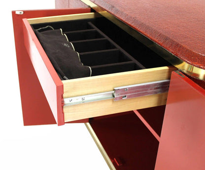 Grass Cloth Brass Credenza 4 Doors Cabinet Sideboard Red Brick Color MINT!