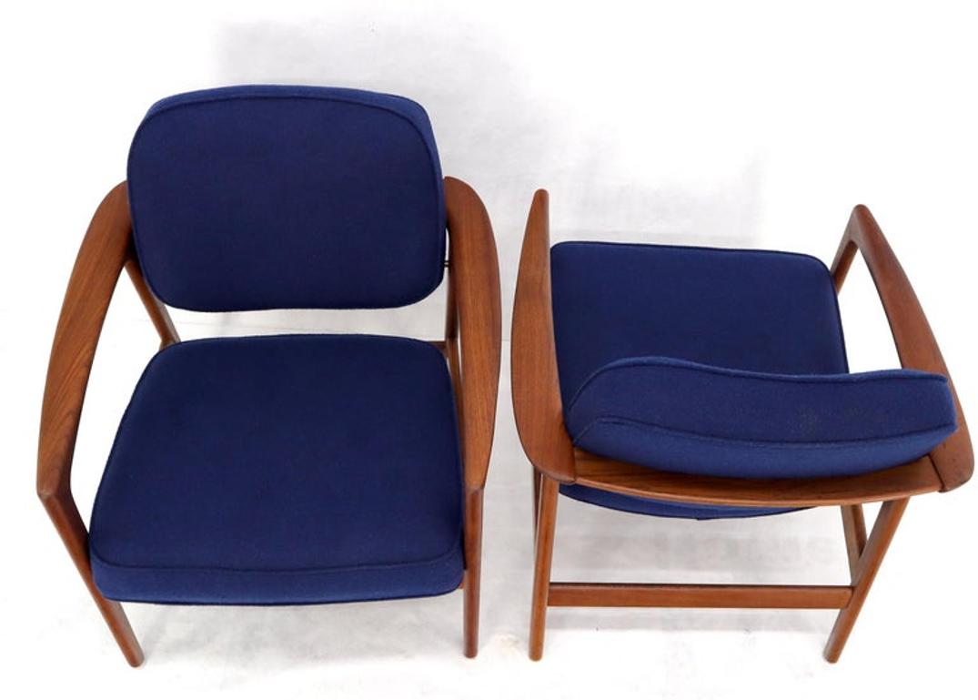 Pair of New Blue Upholstery Teak Danish Mid-Century Modern Arm Lounge Chairs
