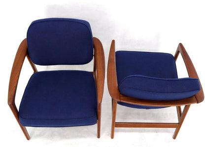 Pair of New Blue Upholstery Teak Danish Mid-Century Modern Arm Lounge Chairs