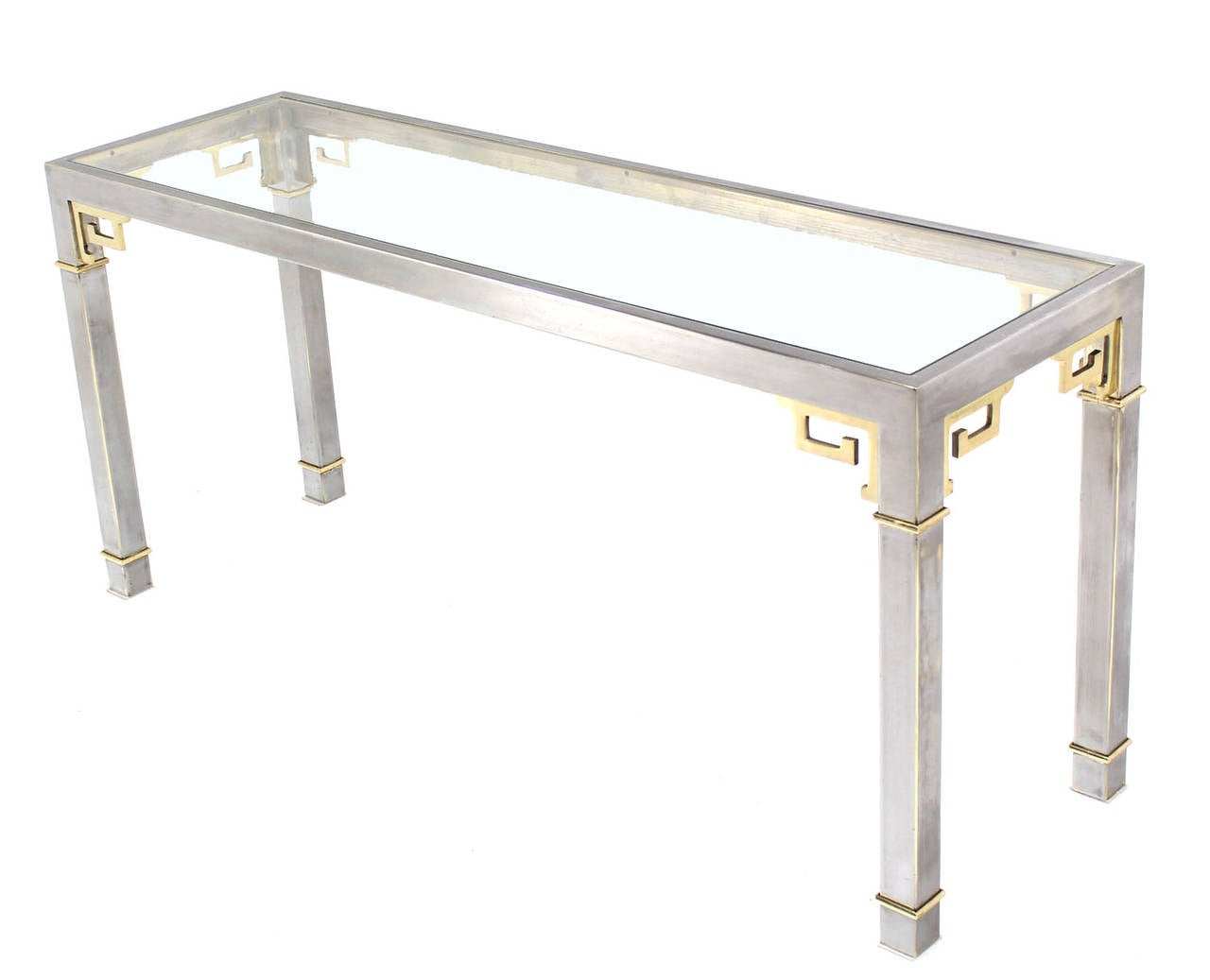 Chrome Brass and Glass Greek Key Design Console Table by Mastercraft