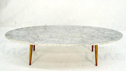 White Oval Carrara Marble Top Italian Mid-Century Modern Coffee Table Brass Legs