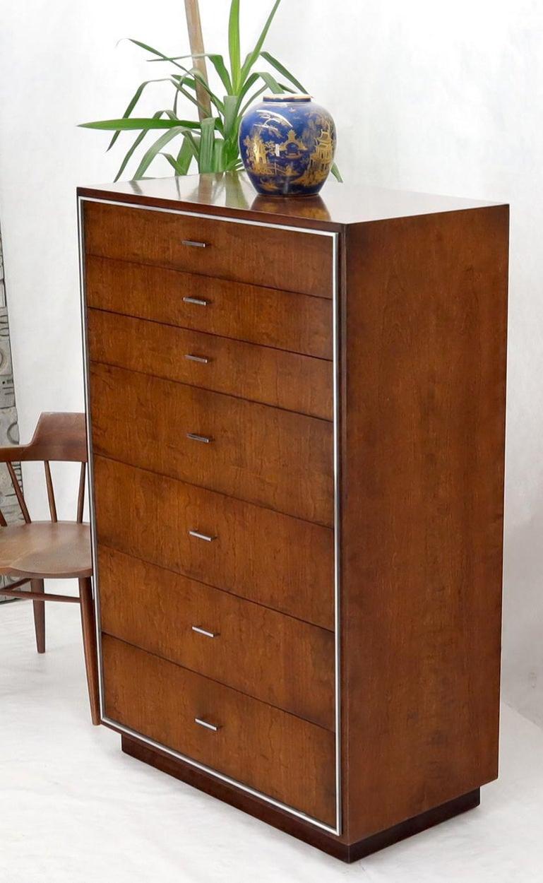 Seven Drawers Burl Wood Chrome Metal Bezel High Chest Dresser by John Stuart