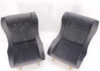 Pair Italian Mid-Century Modern Brass Legs Grey Arm Lounge Chairs