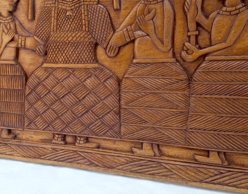 Carved Solid Teak Long Rectangle Wall Plaque Relief Sculpture Depicting Villager