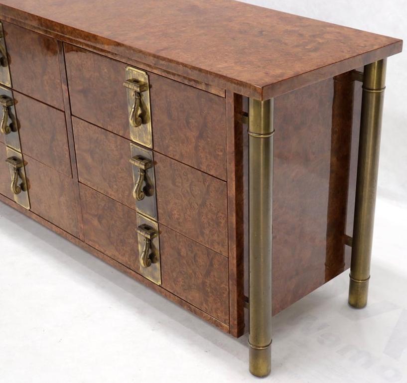 Mastercraft Burl Wood and Brass Hardware Long 9 Drawers Credenza Dresser