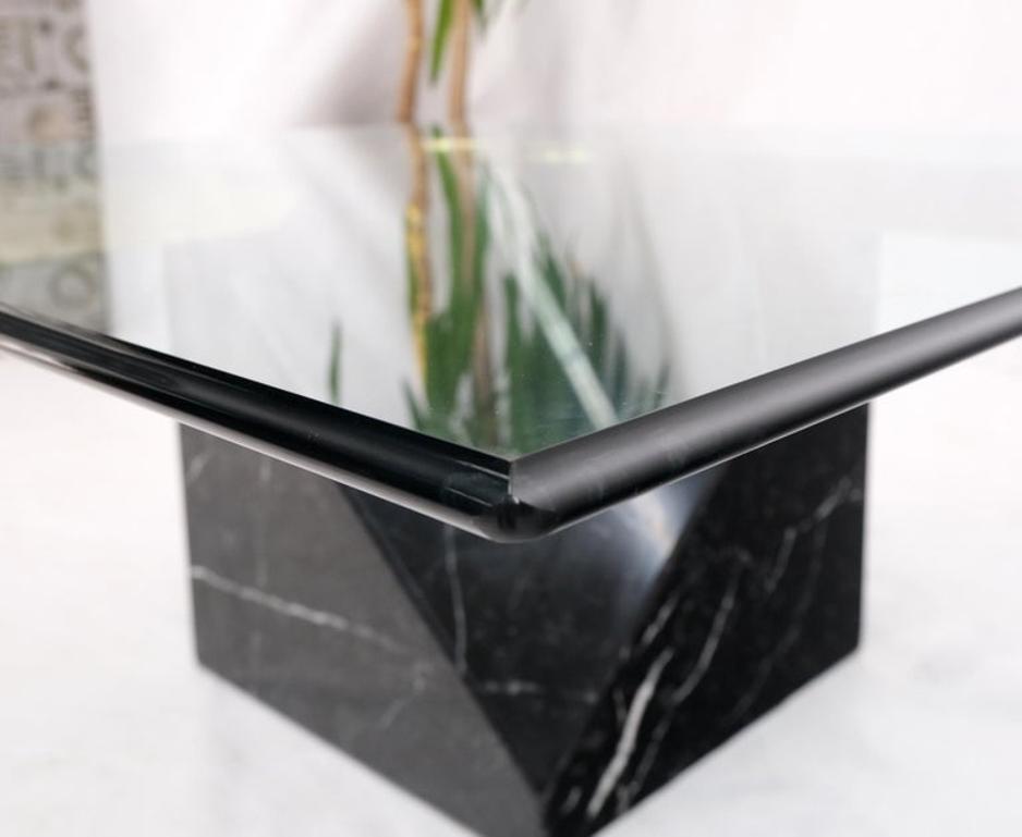 Black Cube Shape Marble Base Brass Stretchers Square Glass Top Coffee Table