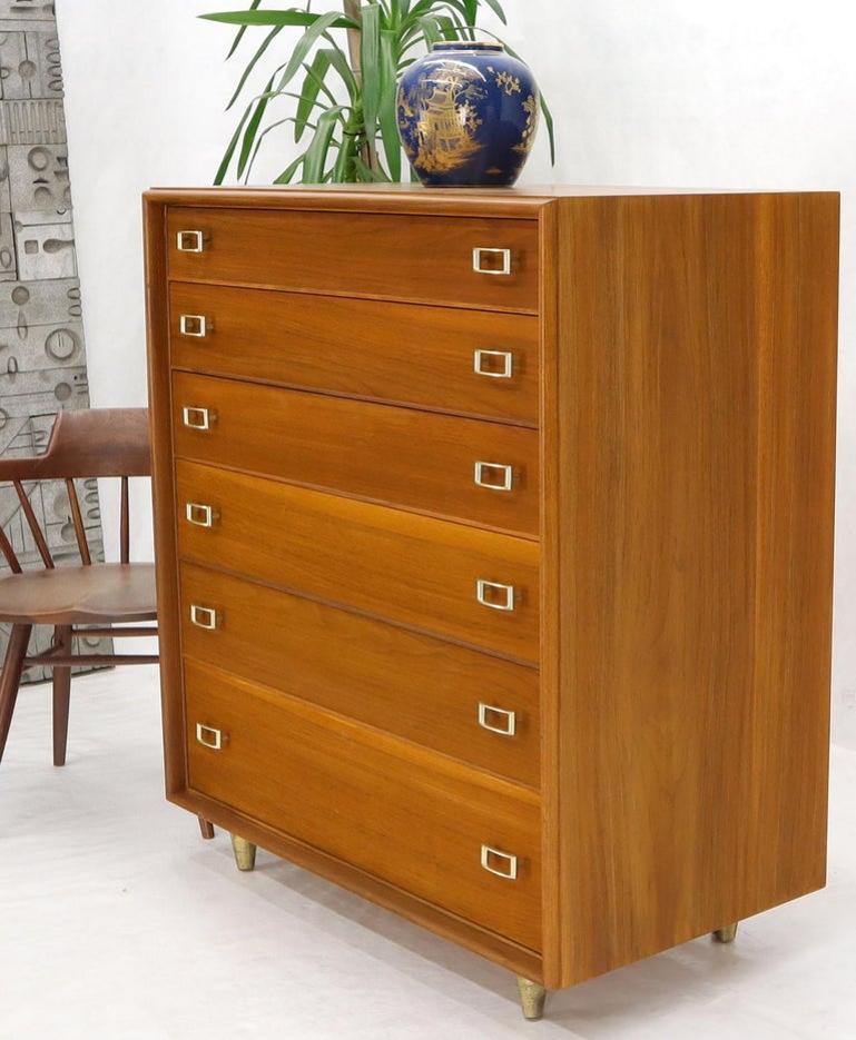 Restored Six Drawers Paul Frankl American Walnut Solid Brass Buckle Shaped Pulls
