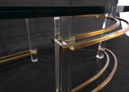 Mid-Century Oval Thick Glass Top Lucite Brass Base Coffee Table