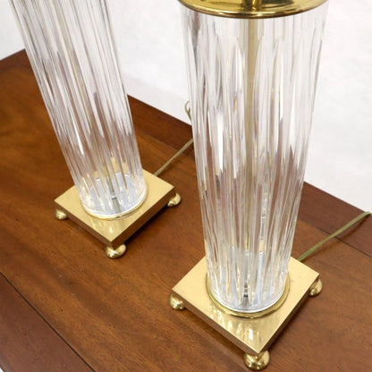 Pair of Fine Cut Glass Crystal Cylinder Shape Table Lamps on Brass Bases