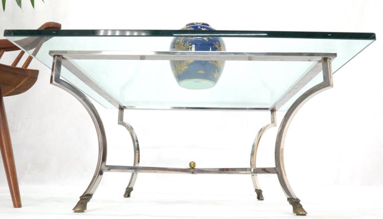 Square Chrome and Brass Hoof Feet Base Thick Glass Top Coffee Table