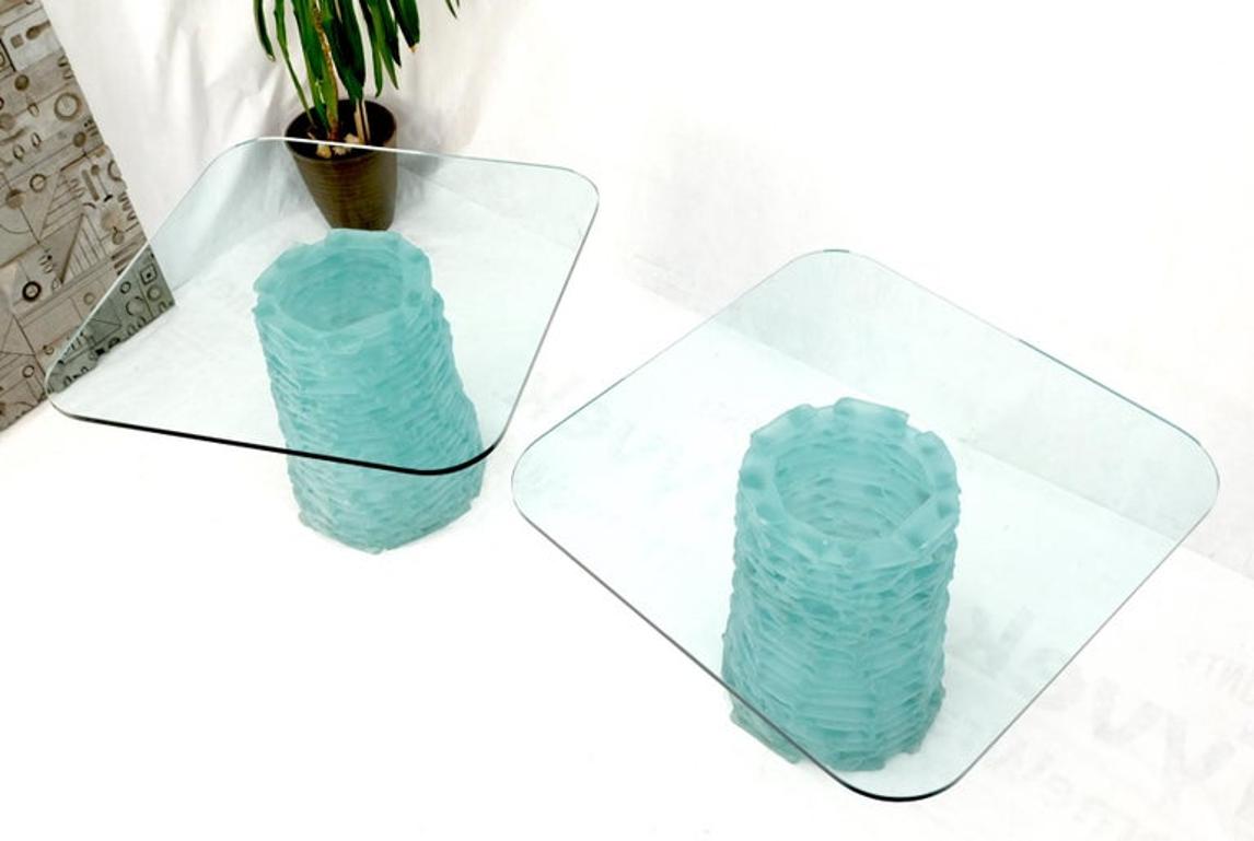 Pair of Fused Glass Blocks Pedestal Bases Rounded Square Tops Dining Game Table