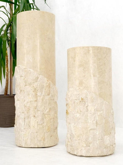 Non Matching Pair of Tessellated & Carved Stone Round Drum Pedestals