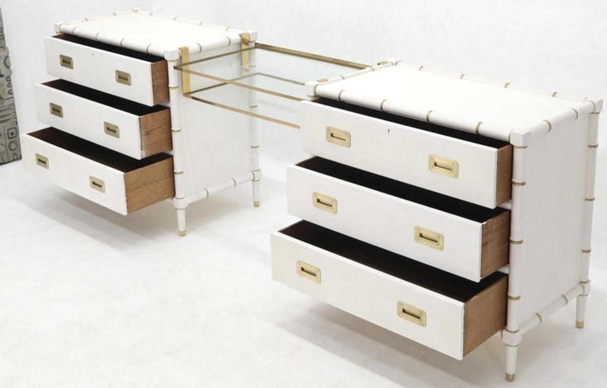 Pair of White Lacquer Brass Hardware Bachelor Chest with Suspended Brass Vanity