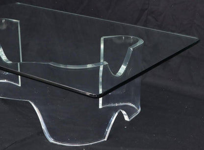 Thick Bent Lucite Organic Shape Base Rectangle Glass top Coffee Table