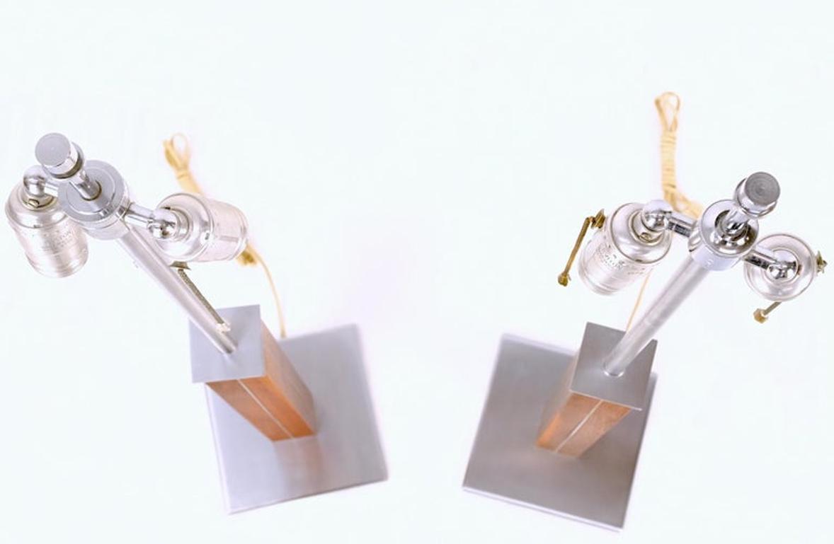 Pair Walter Von Nessen for Nessen Studios Walnut Inlaid Chrome Tower Table Lamp