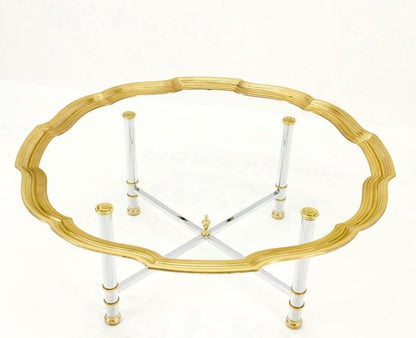 Glass Top Solid Brass Trim Cross Shape Base Chrome Base Round Coffee Table MINT!