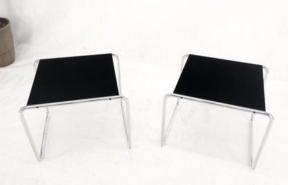 Pair Marcel Breuer Laccio Side Tables Black Laminated Top Tubular Chromed Base