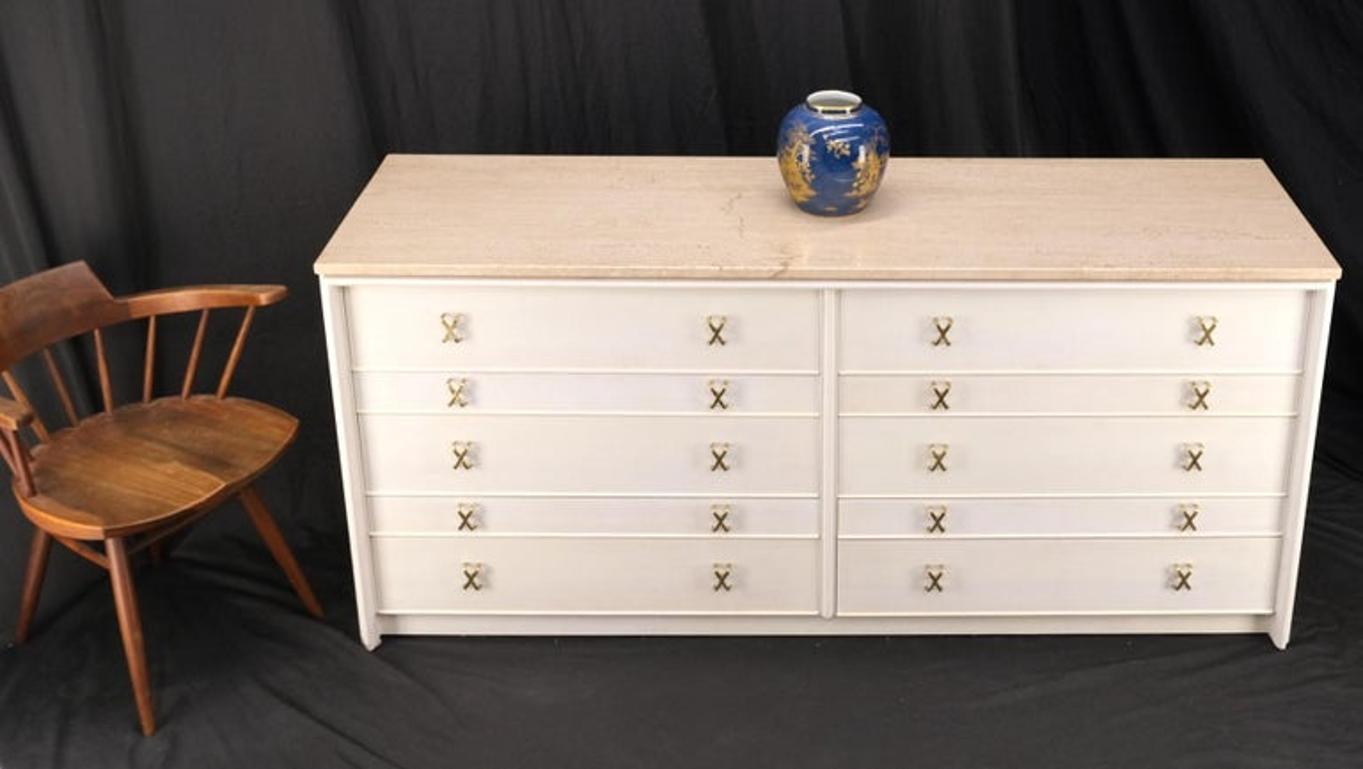 Paul Frankl for Johnson White Wash Marble Top 10 Drawers Dresser Brass x Pulls