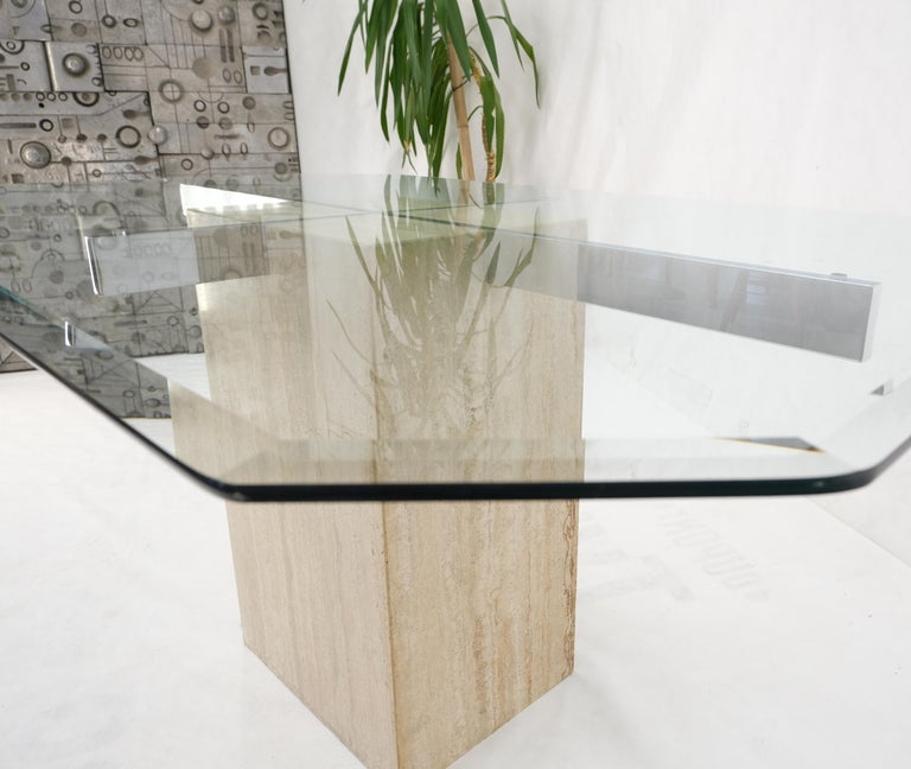 Single Travertine Rectangle Base Chrome Stretchers Glass Top Dining Table Italy