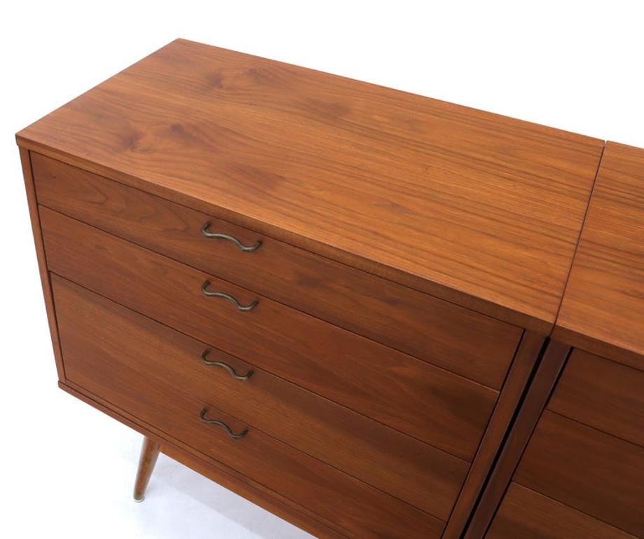 Three Pcs Mid-Century Modern Oiled Walnut Chest Dresser Credenza w/ Waive Pulls