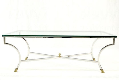 Mid Century Brass Hoof Feet Chrome Base Glass Top Rectangle Coffee Table MINT!