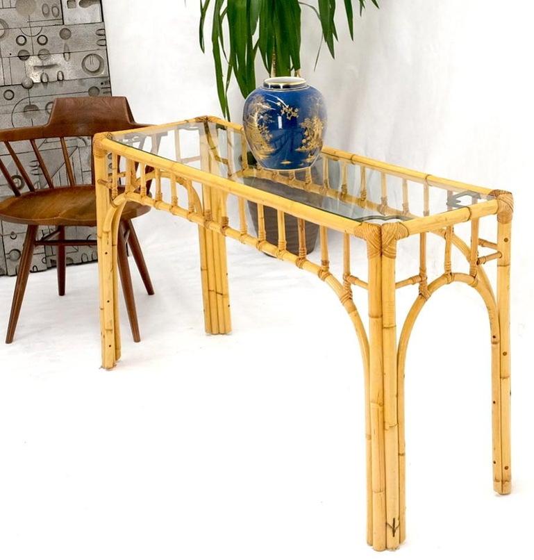 Bamboo Frame Glass Top Console Table w/ Figurative Brass Supports