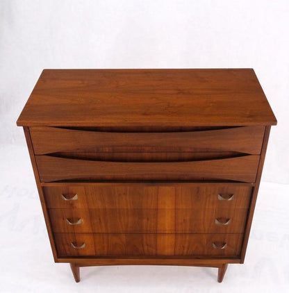 Danish Mid-Century Modern 5 Drawers High Chest Dresser Bow Tie Pulls Dowel Leg