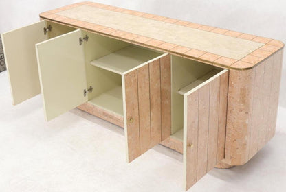 Rounded Corners Tessellated Stone Brass Inlay 4 Doors Credenza Cabinet