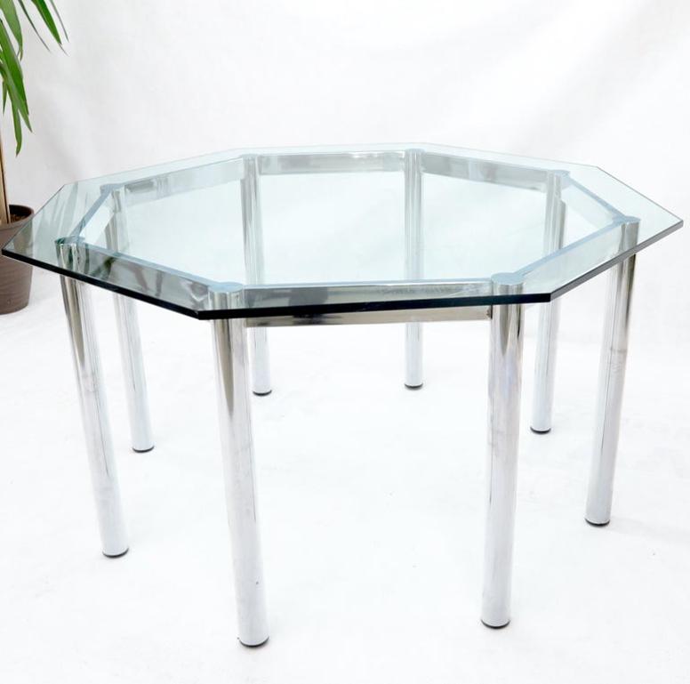 Round Octagon Glass Chrome Base Mid-Century Modern Dining Table