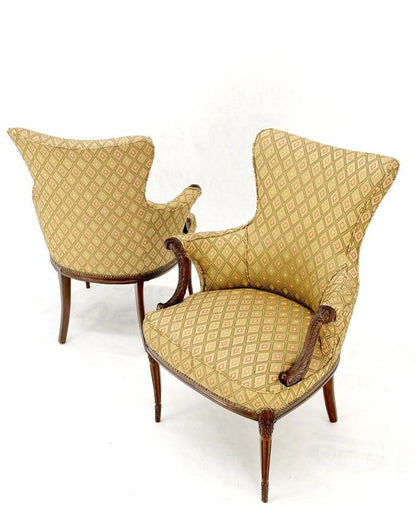 Pair of Antique Carved Mahogany Upholstered  Fireside Arm Chairs