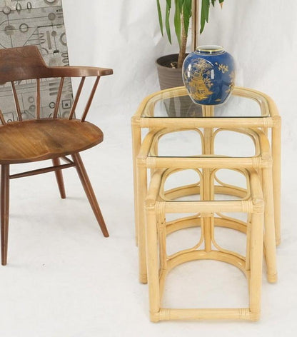 Bent Reed Bamboo Rattan Set of Three Stacking End Side Occasional Tables Stands